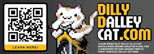 Dilly Dalley Cat info sticker with QR code and Learn More banner